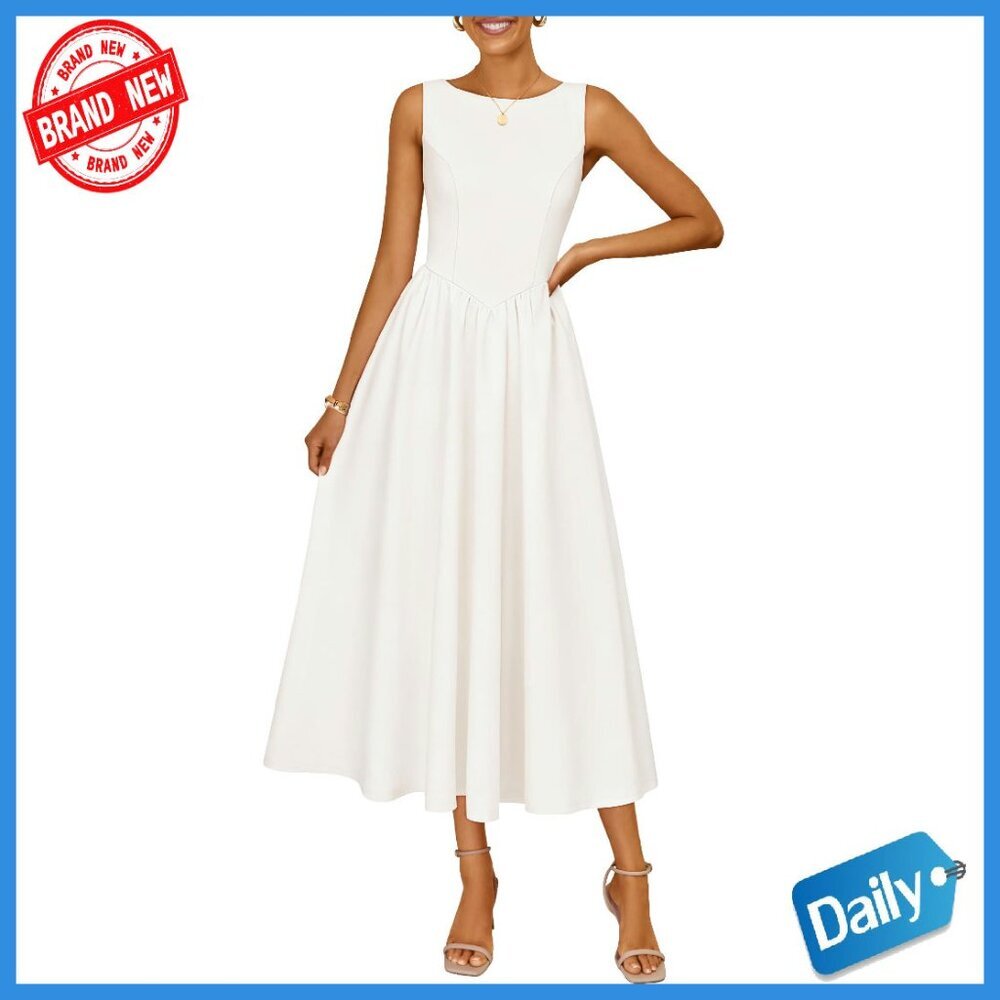 Sleeveless Midi Cocktail Dress A-Line Pleated High Waist Wedding Guest